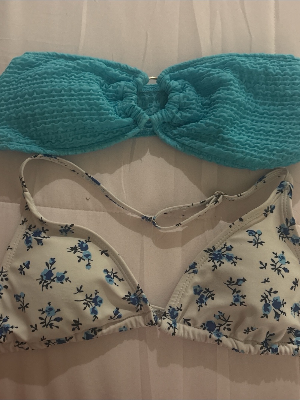 Turquoise Bandeau & White Floral Triangle Bikini Tops